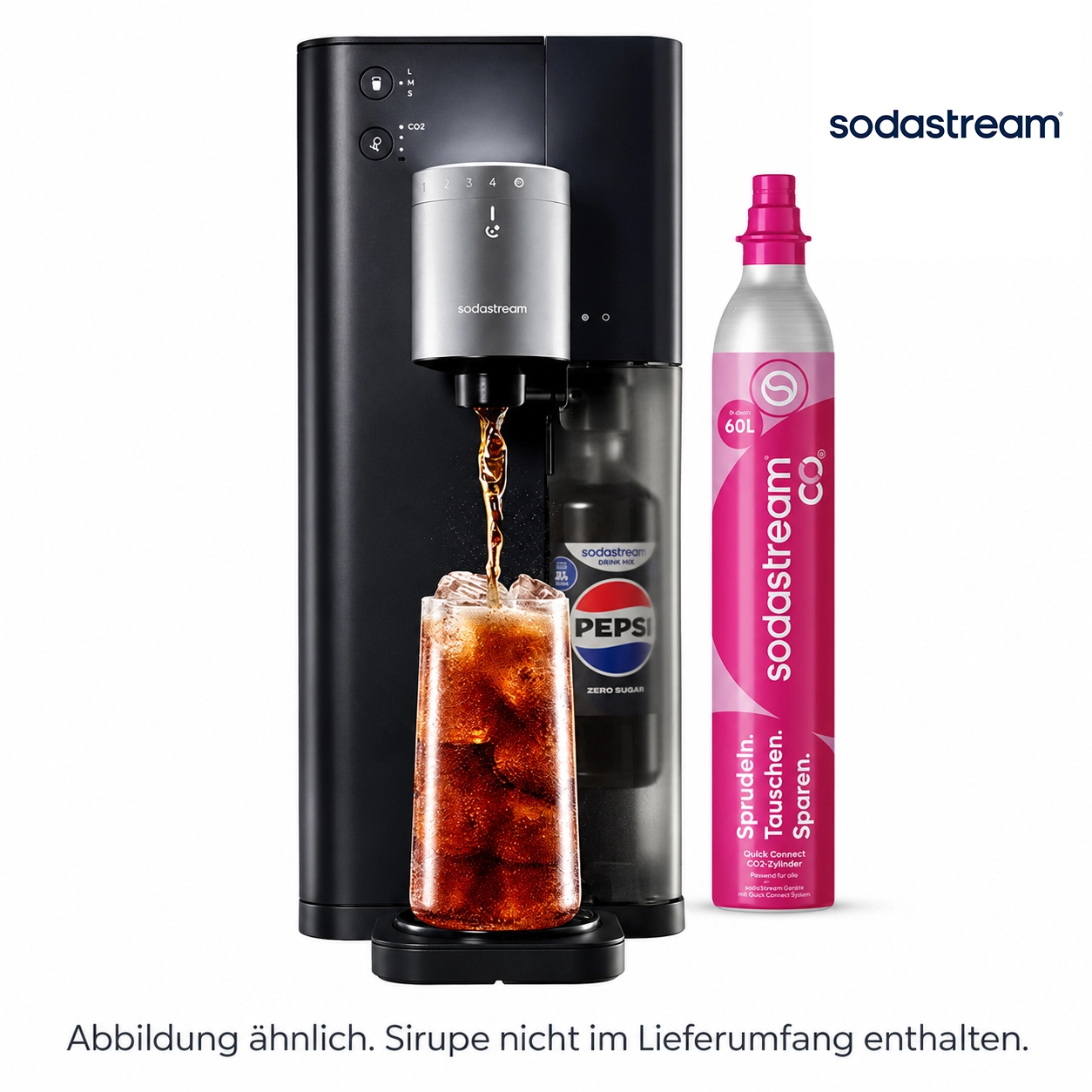 SodaStream Ultimate Multi-Drink Sprudler in Schwarz und Silber mit sprudelndem Pepsi-Getränk und pinkem CO₂-Zylinder