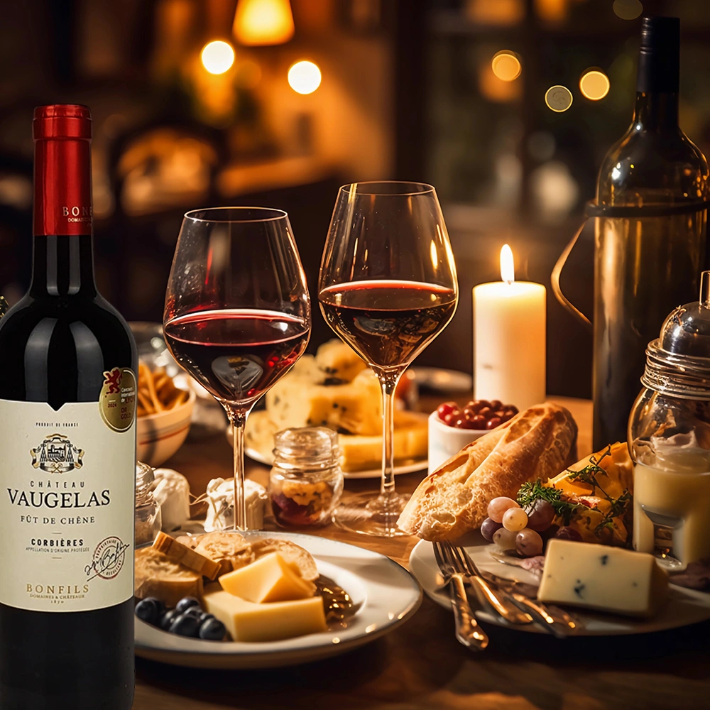 Bonfils Château Vaugelas mit Käseplatte und feinen Häppchen auf einem Tisch bei stimmungsvollem Kerzenschein