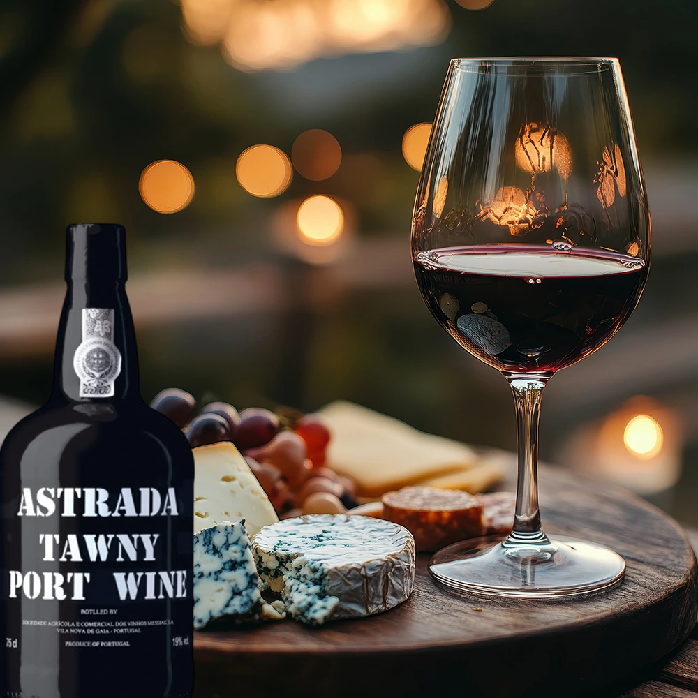Flasche Astrada Tawny Port neben einer Käseplatte auf einem rustikalen Holztisch arrangiert