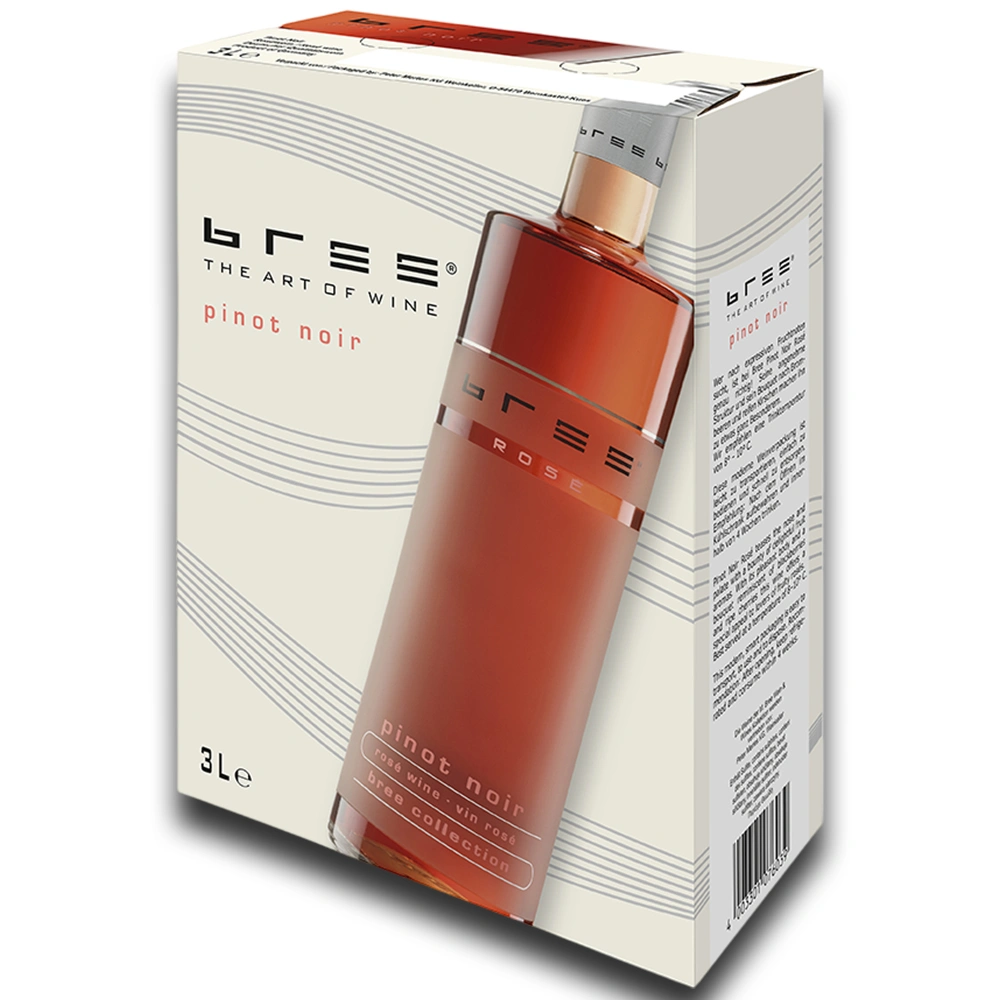 Bree Pinot Noir 3,0 Liter Bag-in-Box als hochwertige Produktaufnahme vor weißem Hintergrund mit klar sichtbarer Verpackung und Produktdetails