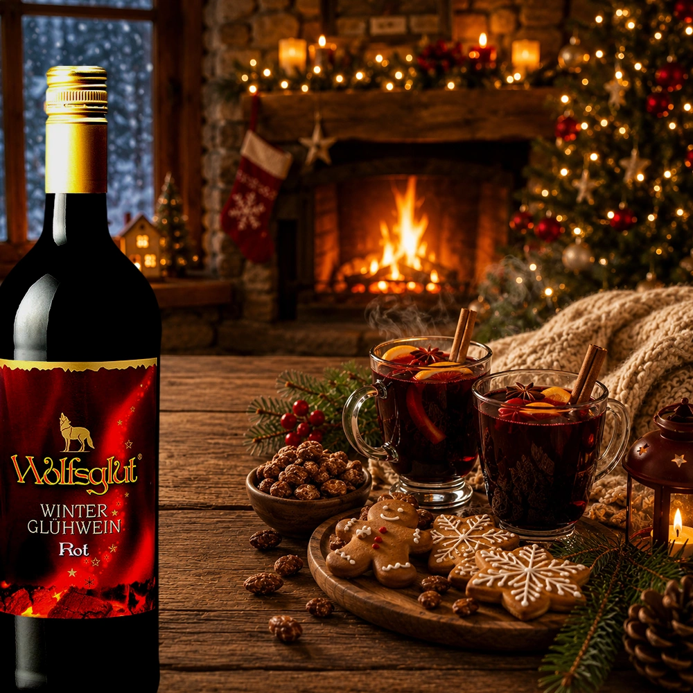 Wolfsglut Rotwein vor einem weihnachtlichen Kaminfeuer in gemütlicher Atmosphäre