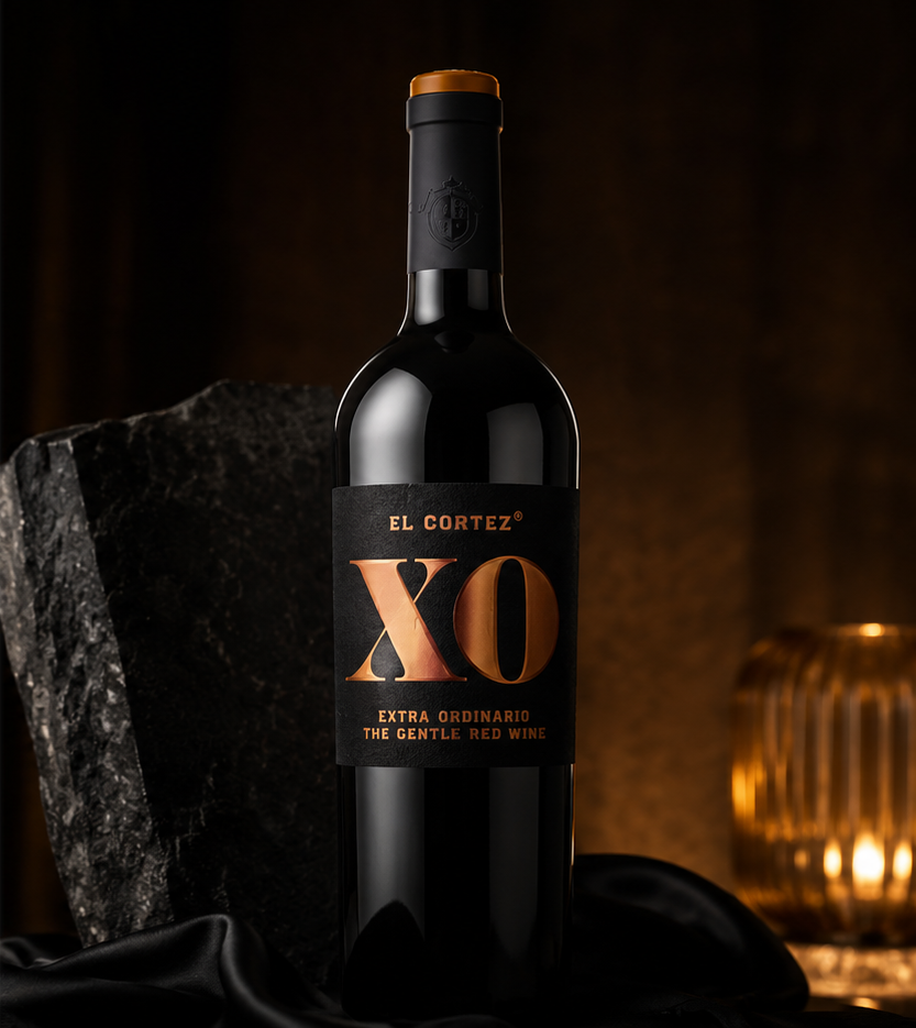 El Cortez XO Tinto vor Natursteinwand mit warmem Kerzenschein, edle Atmosphäre mit spanischem Rotwein und mediterranem Ambiente