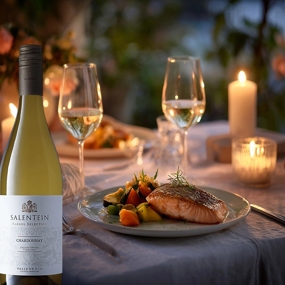Bodegas Salentein Barrel Selection Chardonnay auf einem festlich gedeckten Abendtisch mit Kerzenschein, serviert zu einem Fischgericht in eleganter Atmosphäre