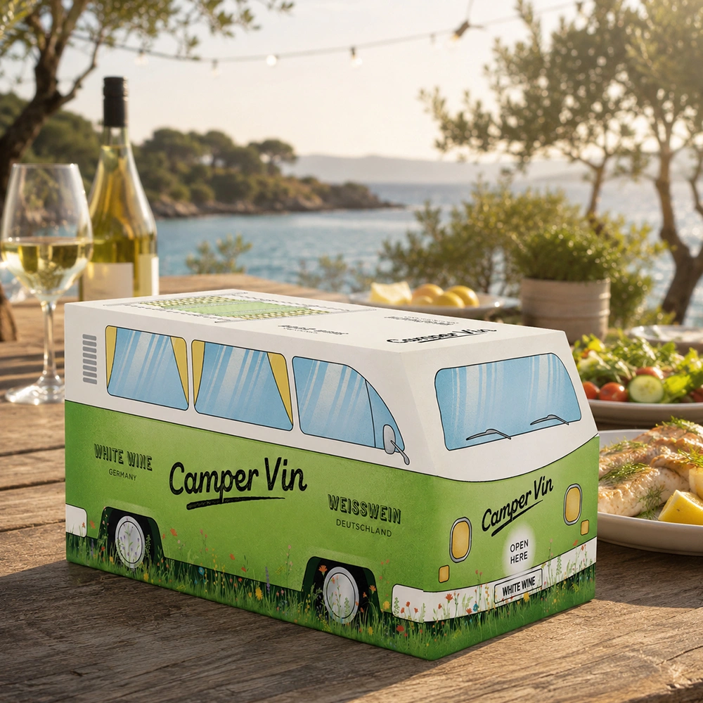 Camper Vin Weißwein Bag-in-Box mit Fisch und Salat am Meer