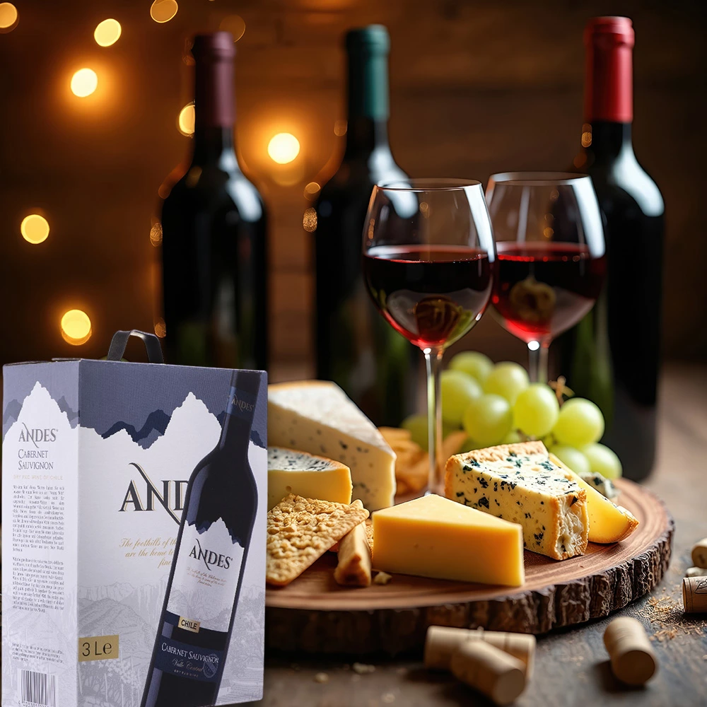Andes Cabernet Sauvignon Bag-in-Box 3 Liter mit Käseplatte, Trauben, Aufschnitt auf rustikaler Holzplatte, umgeben von Kerzenlicht
