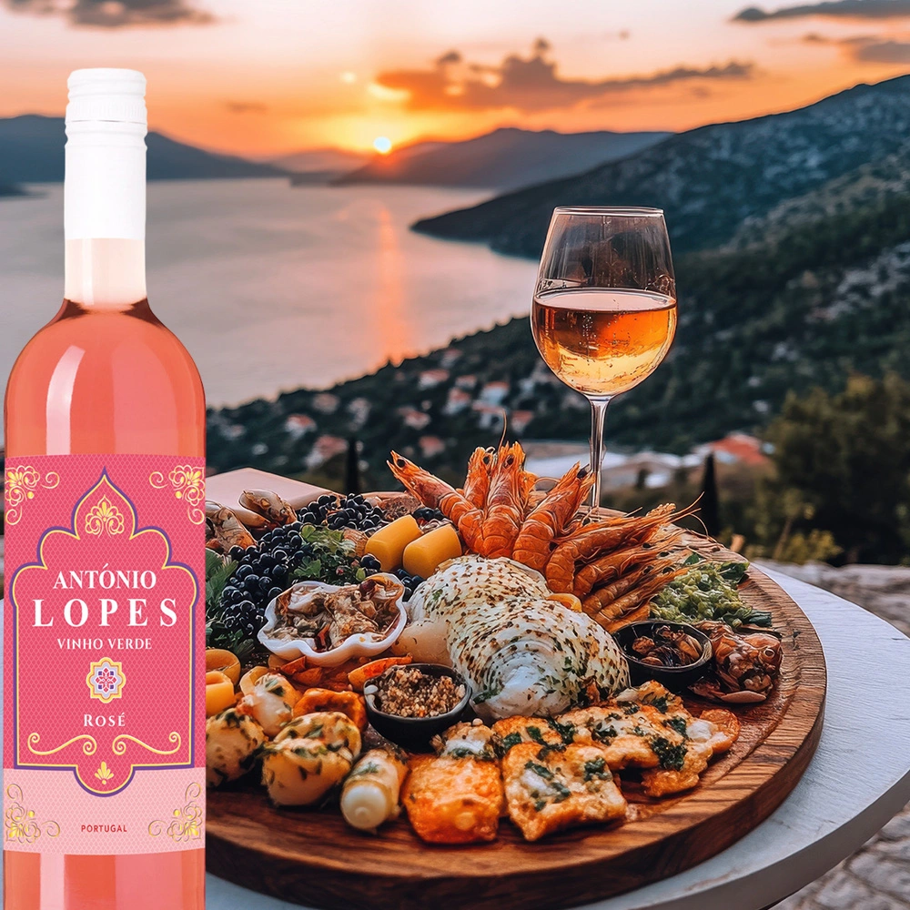 Roséwein Vinho Verde von Antonio Lopes kombiniert mit Seafood-Teller am Meer bei Abendstimmung
