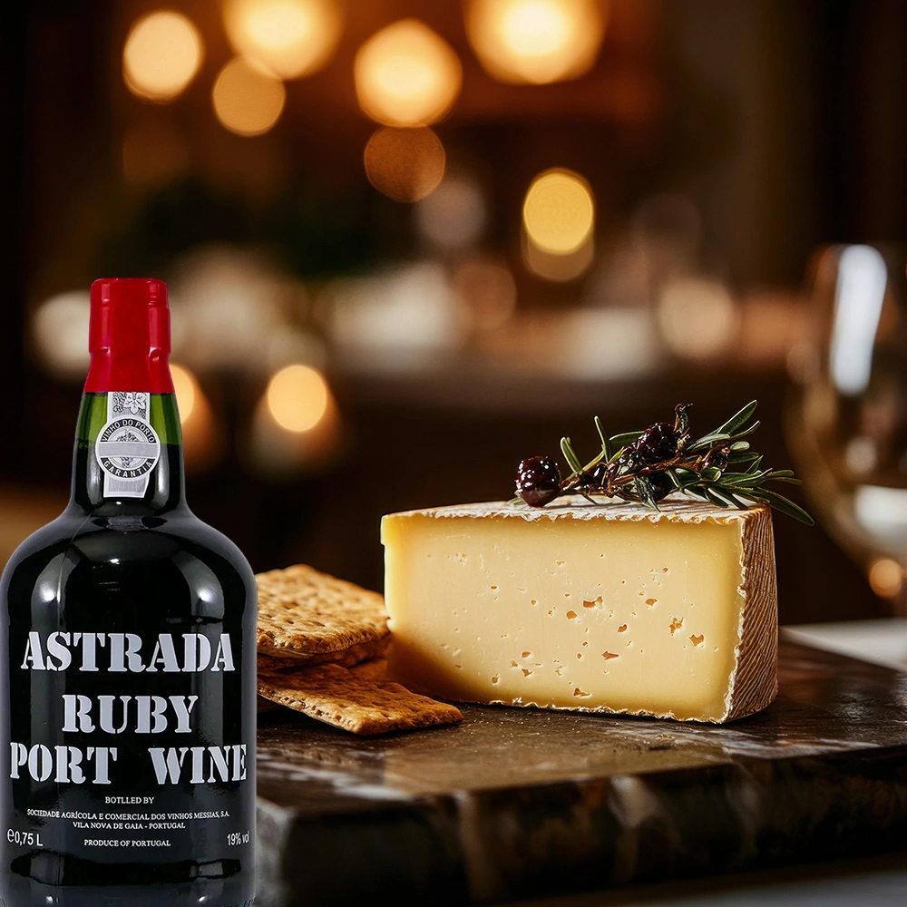 Flasche Astrada Ruby Port neben einer Käseplatte auf einem Tisch bei stimmungsvollem Kerzenschein arrangiert