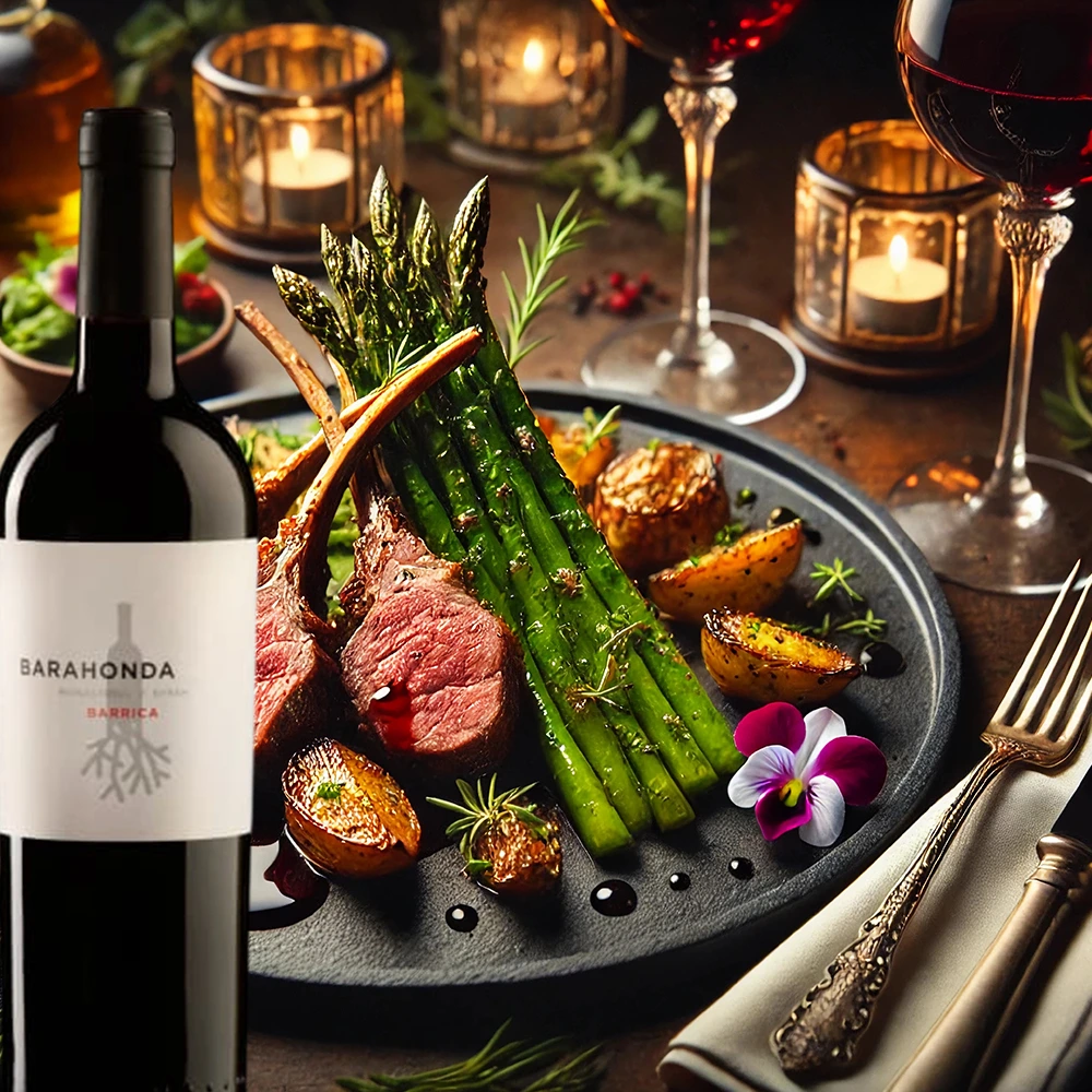 Flasche Barahonda Barrica Rotwein auf einem festlich gedeckten Tisch, kombiniert mit Lammkarree, Rosmarinkartoffeln und grünem Spargel, elegant angerichtetes Gourmet-Essen in stilvoller Atmosphäre.