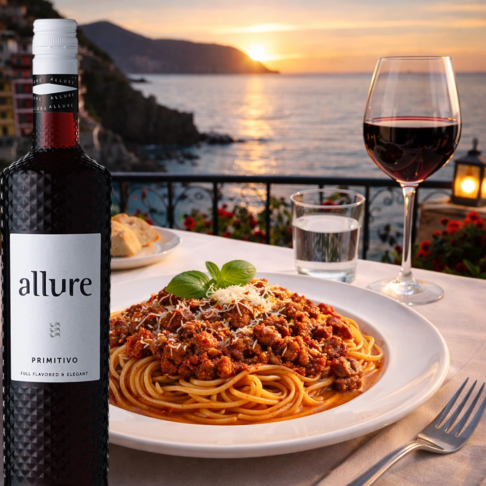 Flasche Allure Primitivo neben einem Pastagericht auf einem Tisch mit Blick auf eine Bucht im Sonnenuntergang
