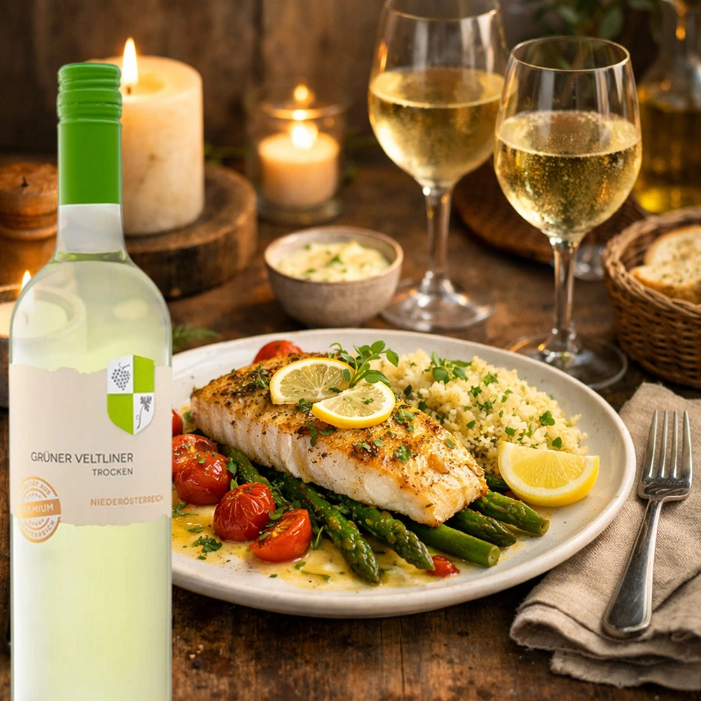 Aichenberg Grüner Veltliner Wappenserie Weißwein serviert mit Spargel und Fischgericht auf elegant gedecktem Tisch