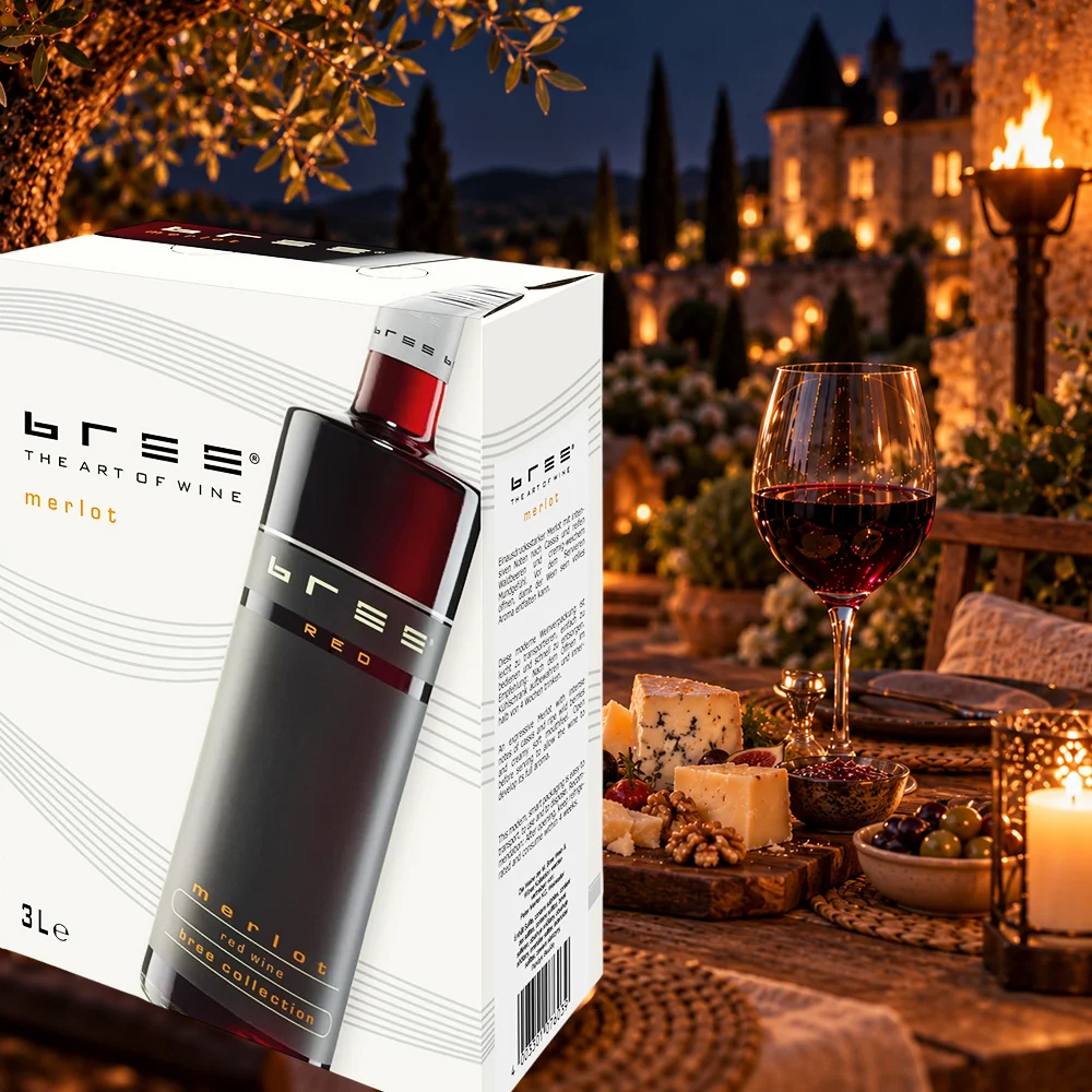 Bree Merlot Rotwein 3 Liter Bag-in-Box mit Rotweinglas, Käse und Oliven auf einer stimmungsvollen Terrasse