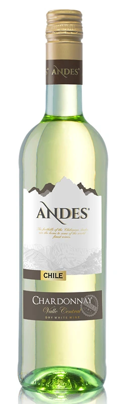 Andes Chardonnay 0,75l vor weißem Hintergrund, klare Darstellung der Flasche und Etikett