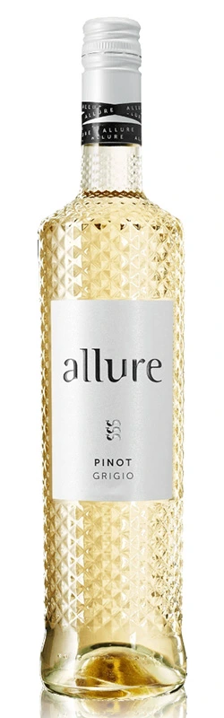 Einzelne Flasche Allure Pinot Grigio vor weißem Hintergrund, klare Darstellung des Etiketts