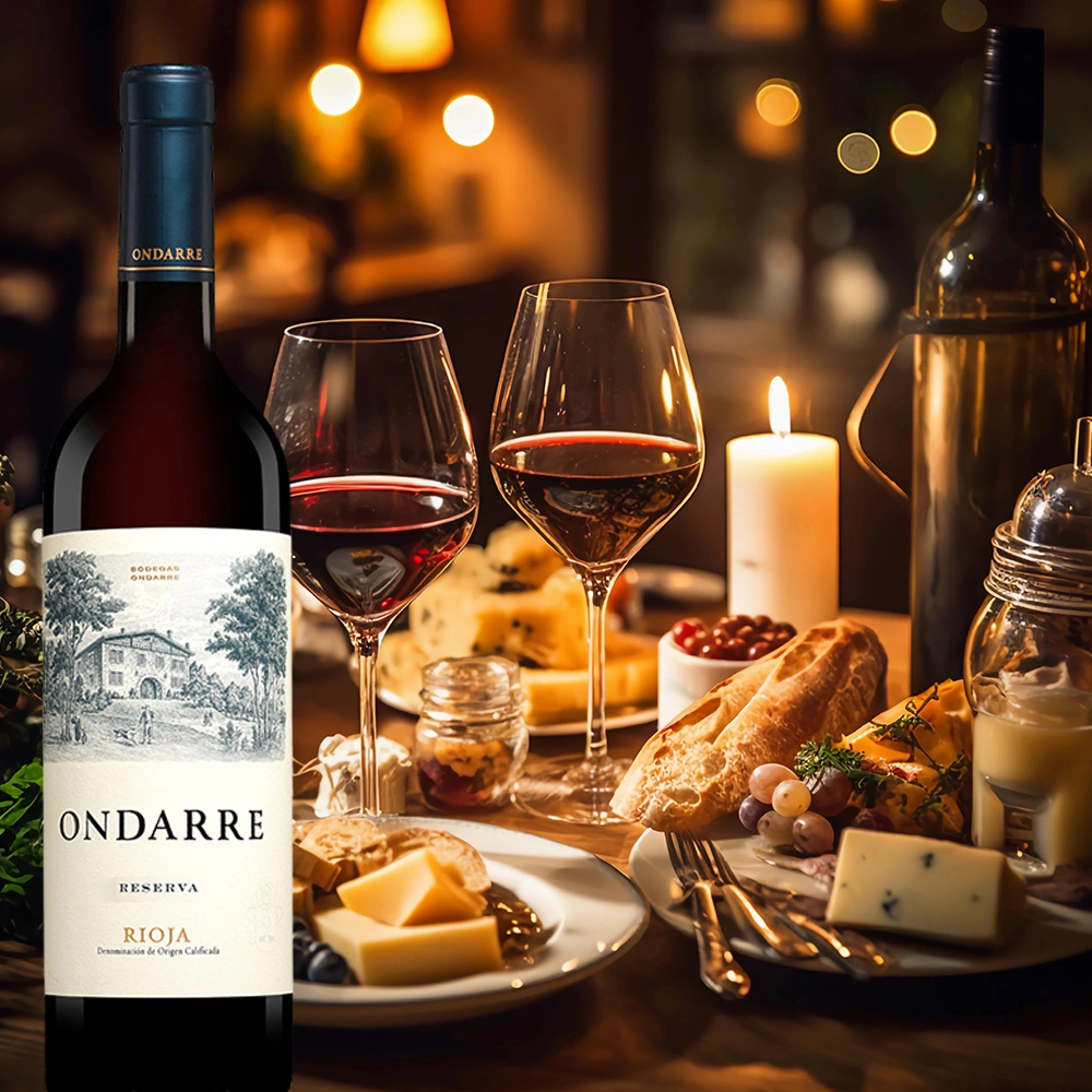Bodegas Ondarre Rioja Reserva mit Käseplatte auf festlich gedecktem Tisch bei Kerzenschein