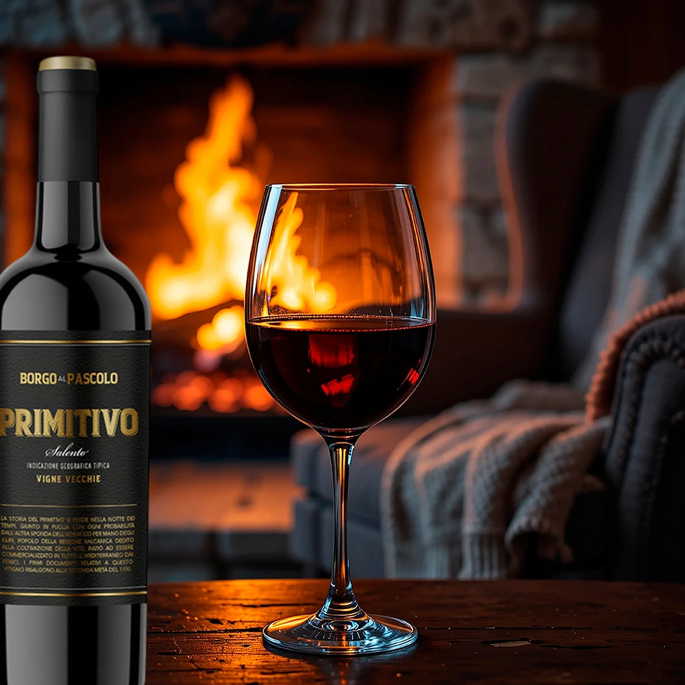 Flasche Borgo al Pascolo Primitivo Solo Rotwein auf einem gedeckten Tisch vor einem brennenden Kaminfeuer, warme und gemütliche Atmosphäre mit rustikalem Ambiente.