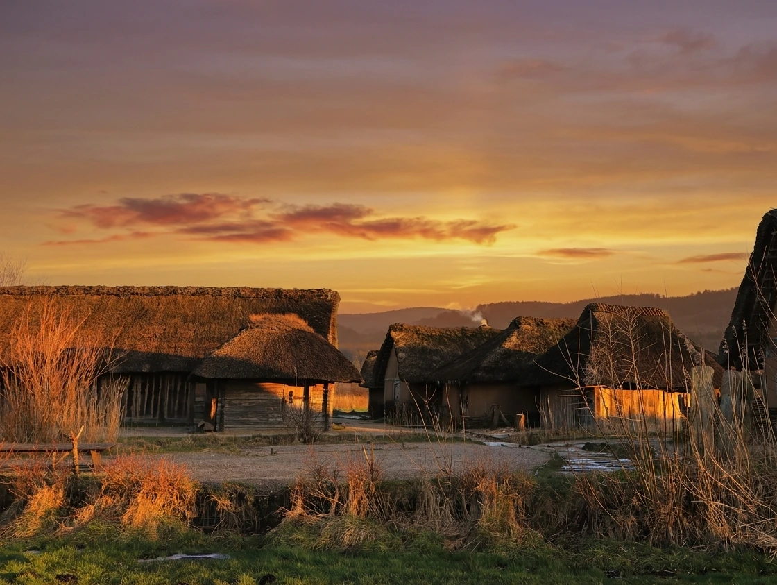 Historisches Wikingerdorf Haithabu bei Sonnenuntergang mit reetgedeckten Holzhäusern - Heimat des Original Wikinger Met