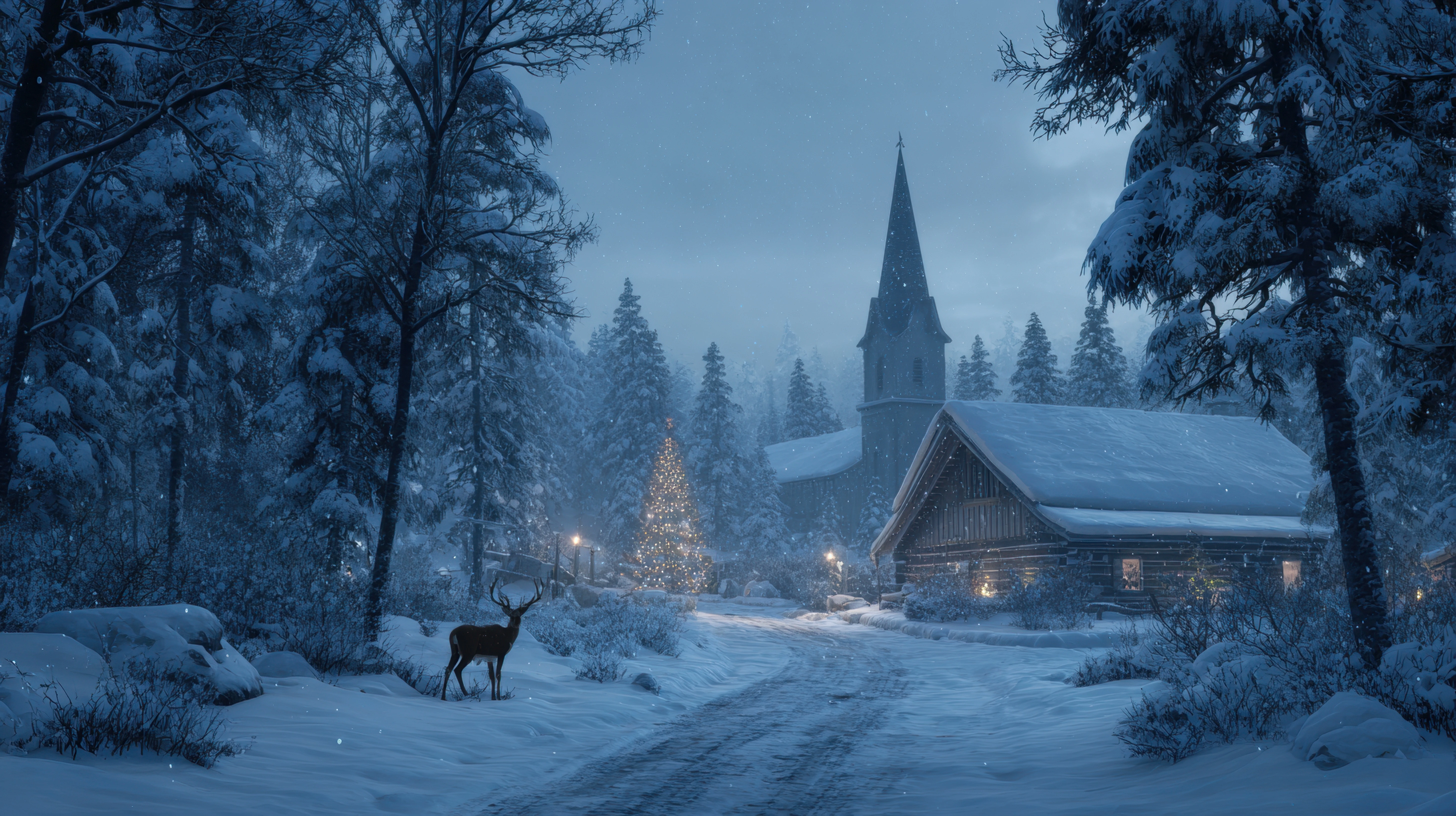 Ein Hirsch steht in einer verschneiten Dorfstraße während der Abenddämmerung. Warme Lichter aus den Häusern und winterliche Dekoration schaffen eine stimmungsvolle Atmosphäre.
