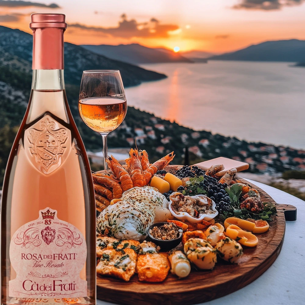 Cà dei Frati Rosa Roséwein mit Meeresfrüchten vor einer sonnigen Bucht bei untergehender Sonne mit mediterraner Abendstimmung