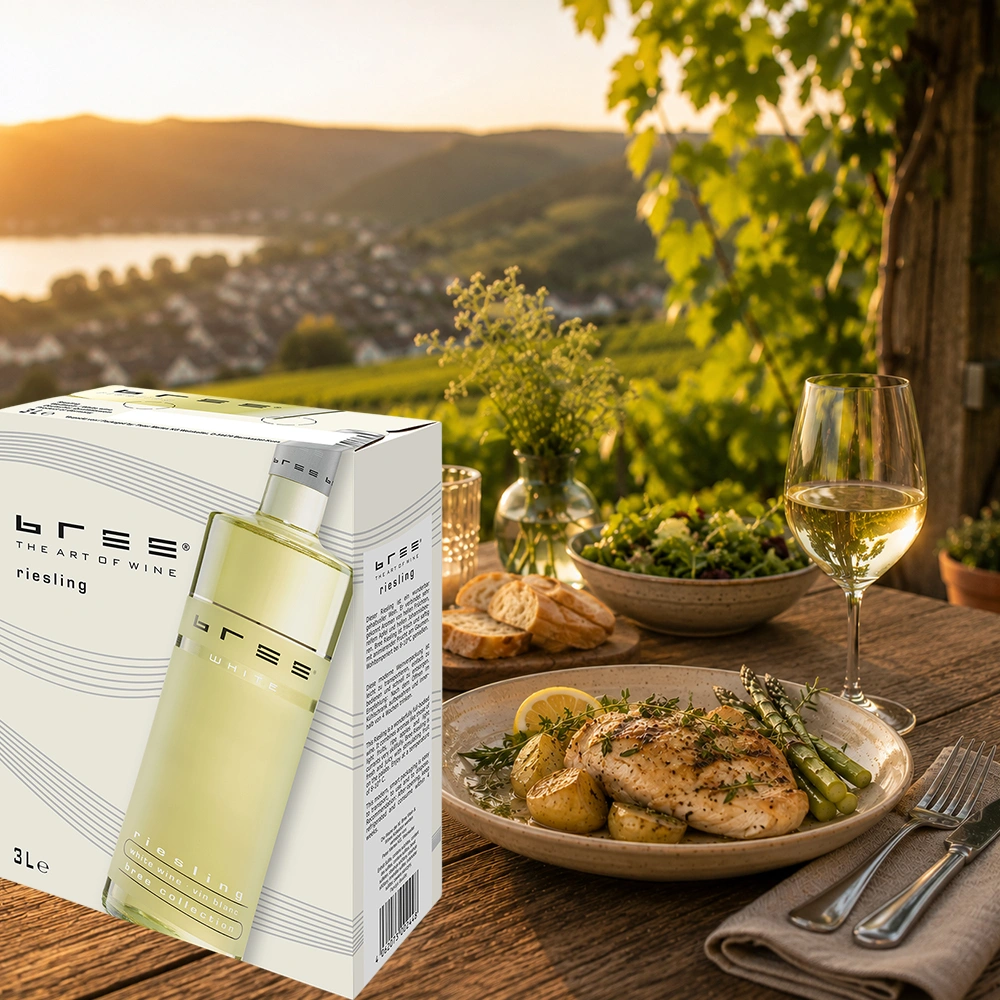 Bree Riesling 3,0 Liter Bag-in-Box mit einem leichten Hähnchengericht und frischem Gemüse auf einer sommerlichen Terrasse bei warmem Sonnenuntergang als harmonische Weinbegleitung