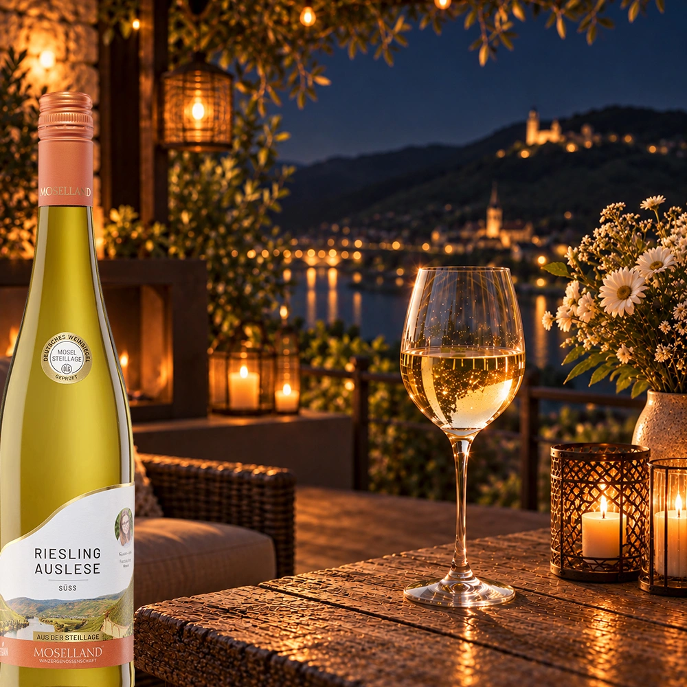 Moselland Riesling Auslese Süß im Weinglas mit Blick auf die Mosel bei Nacht