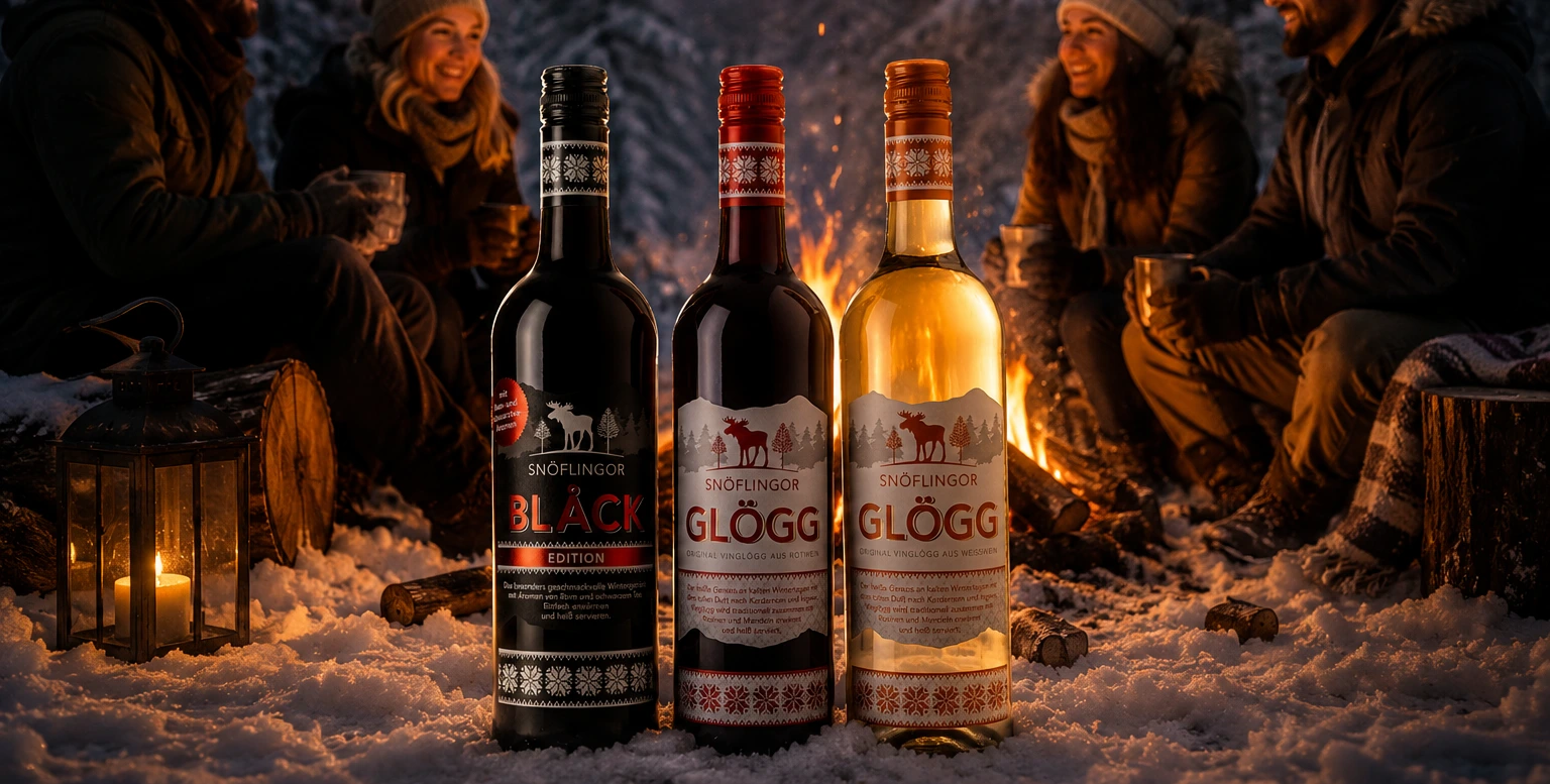 Die drei Snöflingor Sorten Black, Rot und Weiß stehen im Schnee vor einem warmen Lagerfeuer, während Menschen in winterlicher Kleidung am Waldrand sitzen und die gemütliche Abendstimmung genießen.