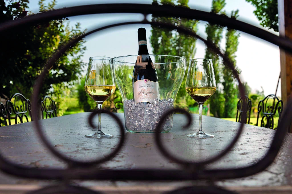 Casello Bondoni Lugana im Weinkühler mit zwei Weingläsern auf einem rustikalen Tisch, fotografiert durch ein Verandagitter mit sonnigem Garten im Hintergrund.