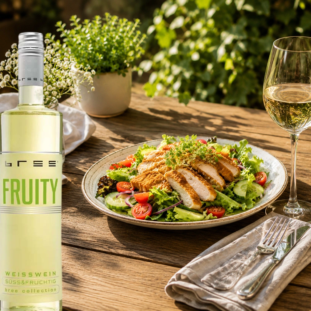 Bree Fruity Weiß Weinflasche mit einem frischen sommerlichen Salat auf einem gedeckten Tisch in einem sonnigen Garten als fruchtige und leichte Weinbegleitung