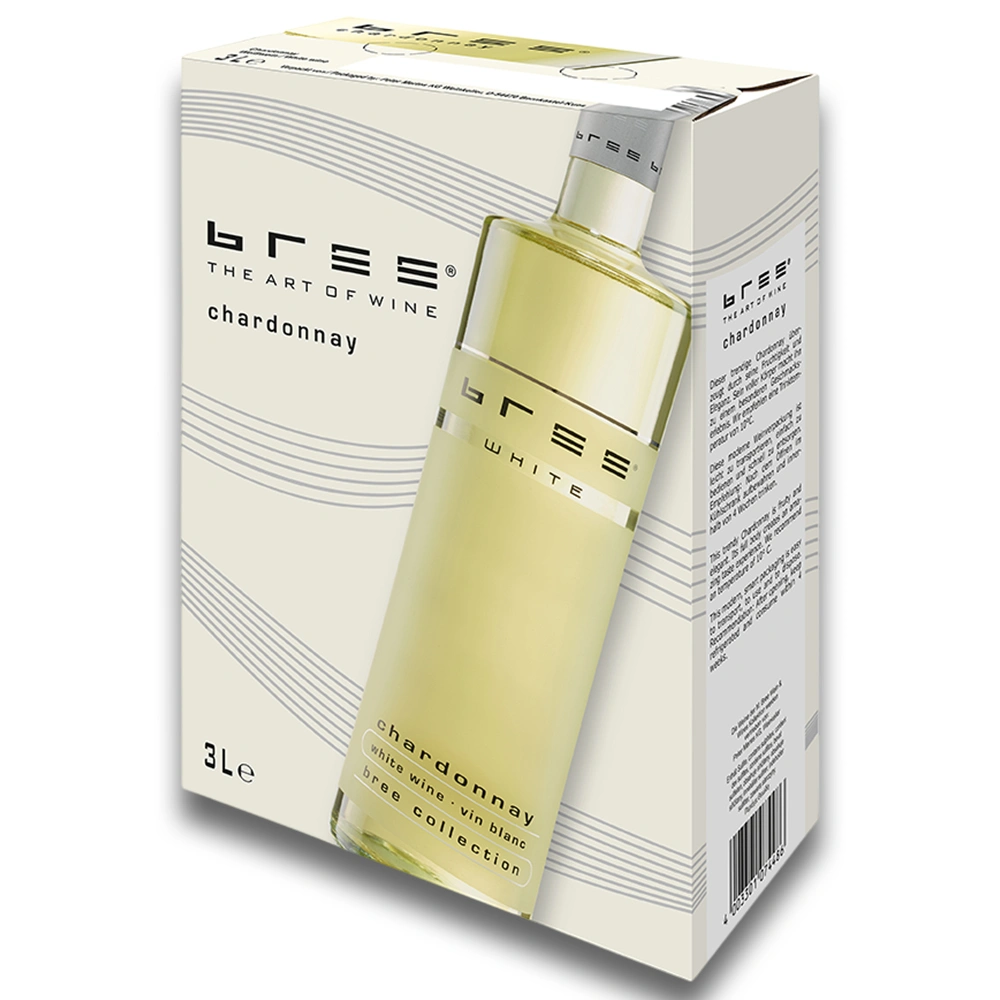 Bree Chardonnay 3,0 Liter Bag-in-Box als hochwertige Produktaufnahme vor weißem Hintergrund mit klar sichtbarer Verpackung, gut erkennbarem Etikett und allen Produktdetails