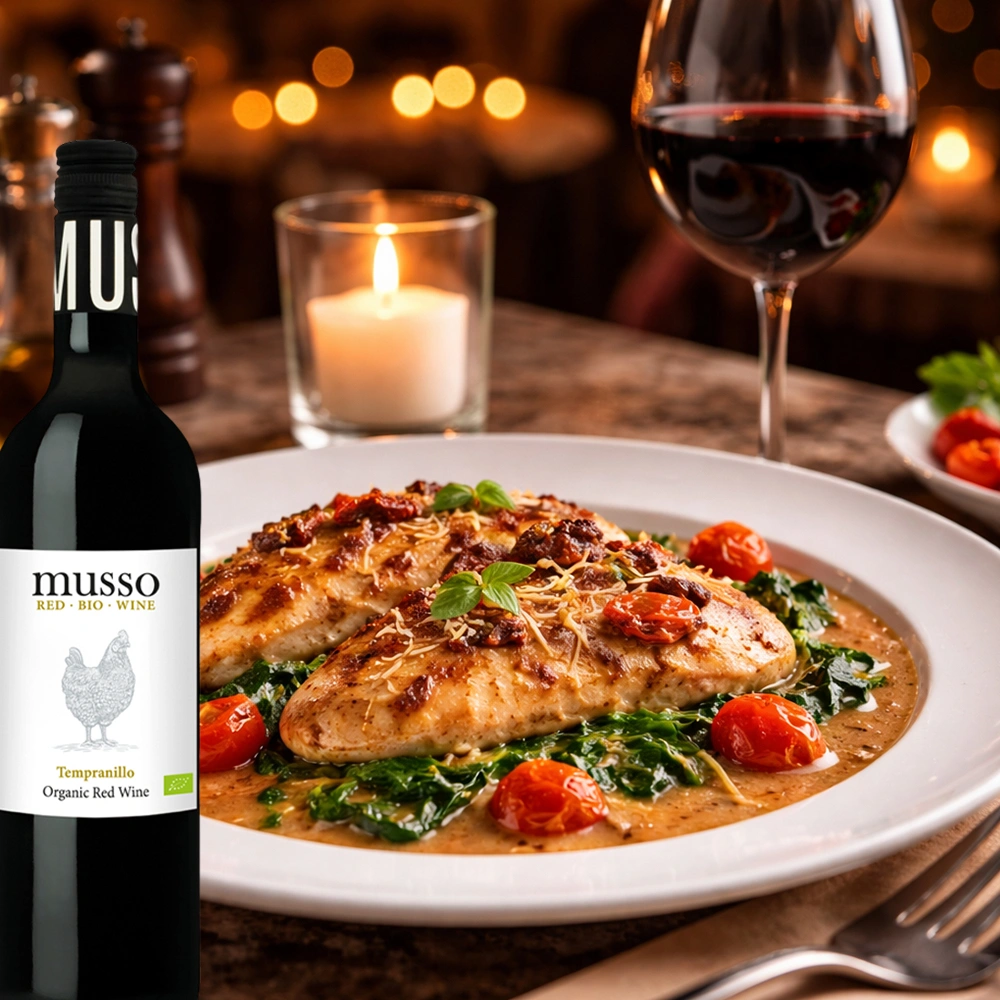 Musso Tempranillo Bio Rotwein mit feinem Geflügelgericht auf gedecktem Tisch bei Kerzenschein