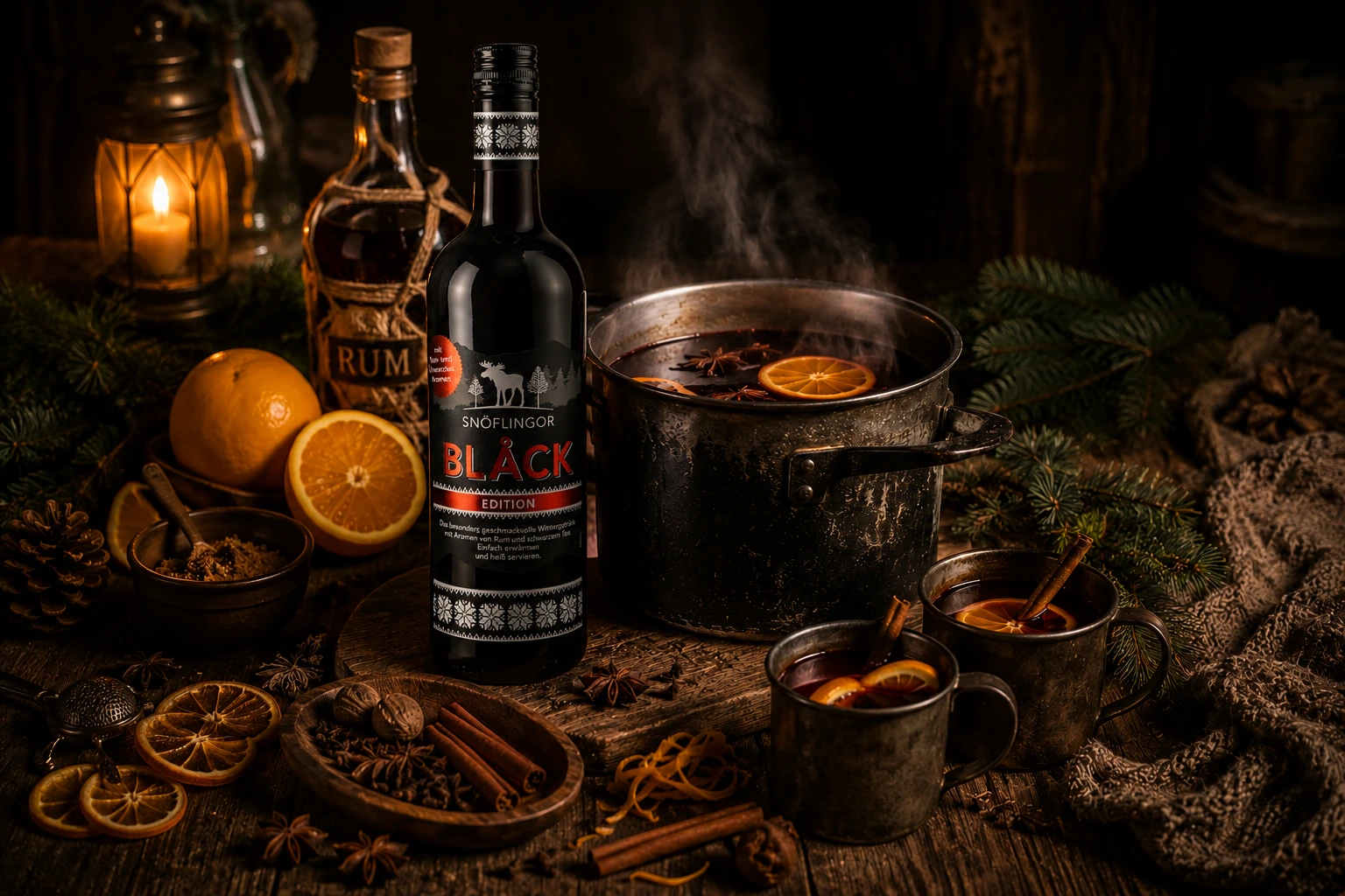 Snöflingor Black Flasche neben einem rustikalen Metalltopf mit heißem Glühwein, umgeben von Rum, Orangenscheiben, Zimtstangen und winterlichen Gewürzen auf einem stimmungsvoll beleuchteten Holztisch.
