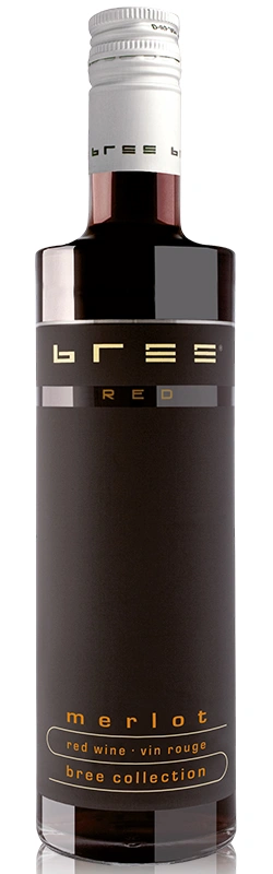 Kleine 0,25-Liter-Flasche Bree Merlot als freigestellte Produktaufnahme vor weißem Hintergrund mit gut erkennbarer Flaschenform und Originaletikett