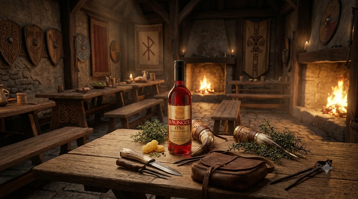 Roter Wikinger Met auf einer rustikalen Holztafel vor einem knisternden Kaminfeuer in gemütlicher nordischer Atmosphäre