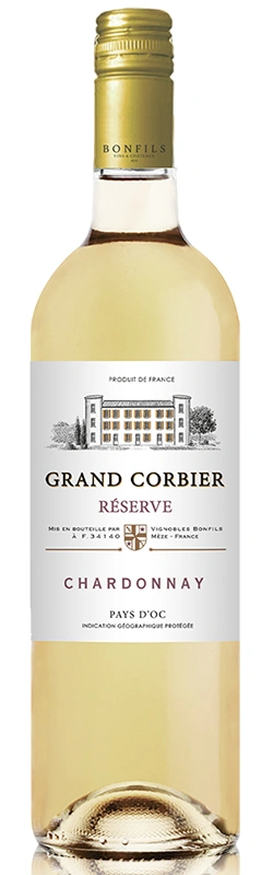 Bonfils Grand Corbier Réserve Chardonnay freigestellt vor weißem Hintergrund, elegante Chardonnay-Weinflasche mit modernem Etikett