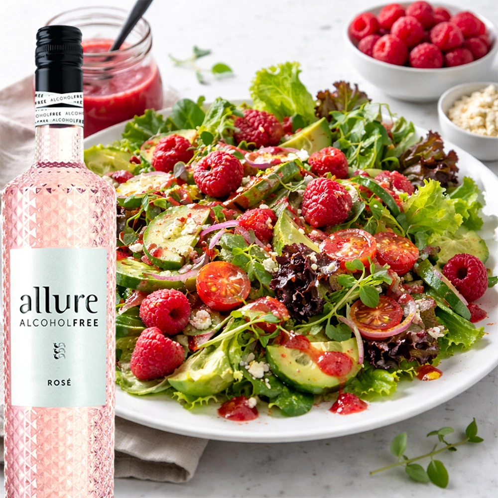 Flasche Allure Rosé alkoholfrei neben einem Salatteller mit Avocado und Himbeeren, stilvoll angerichtet