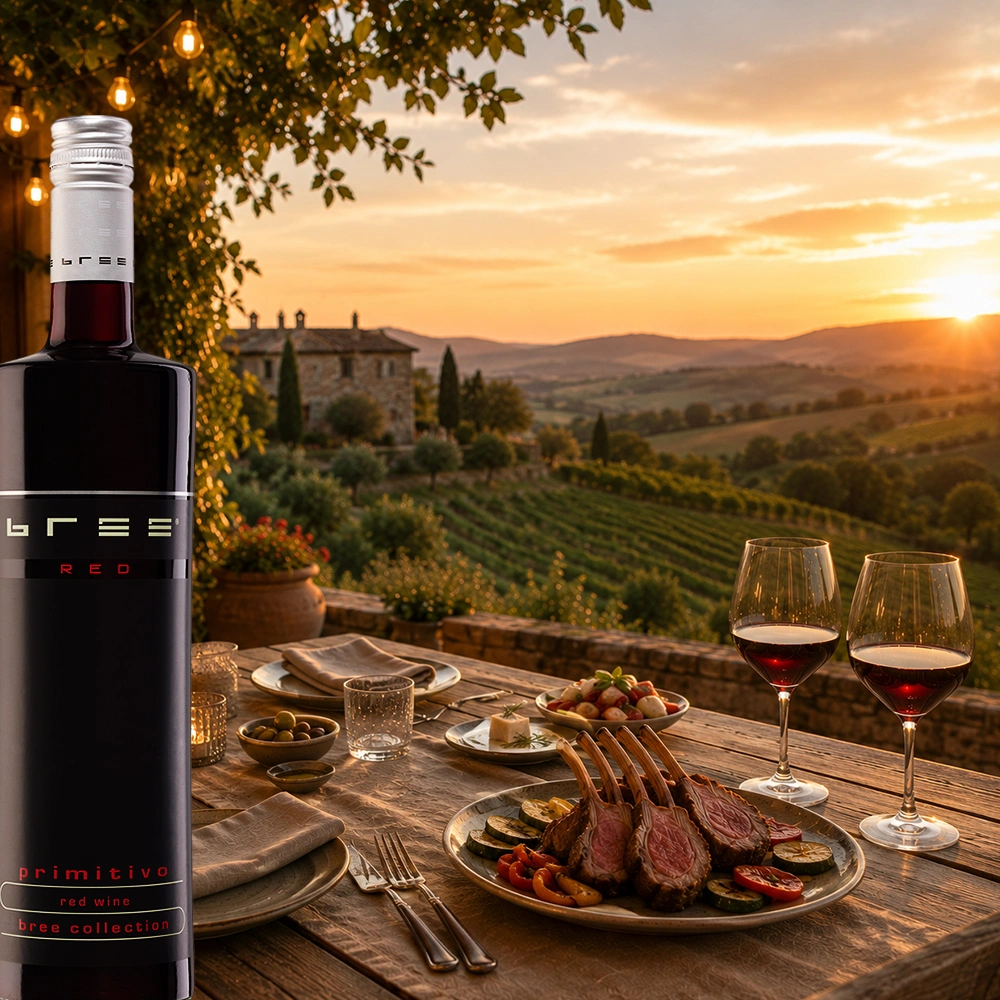 Bree Primitivo Weinflasche mit saftigen Lammrippchen auf einem gedeckten Tisch vor einem malerischen Weinberg bei warmem Sonnenuntergang als kräftige mediterrane Weinbegleitung