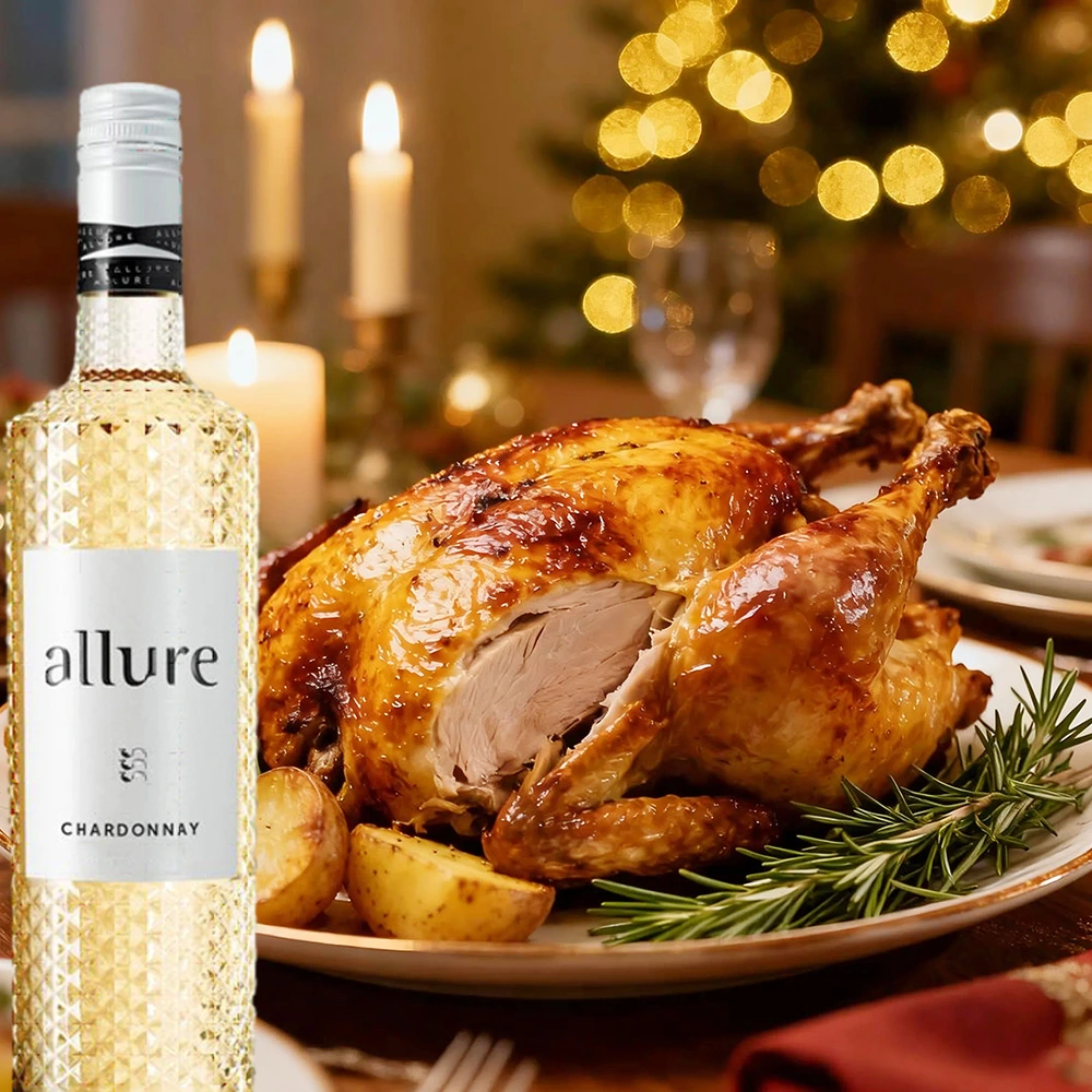 Einzelne Flasche Allure Chardonnay neben einem Teller mit Geflügel, festlich dekoriert