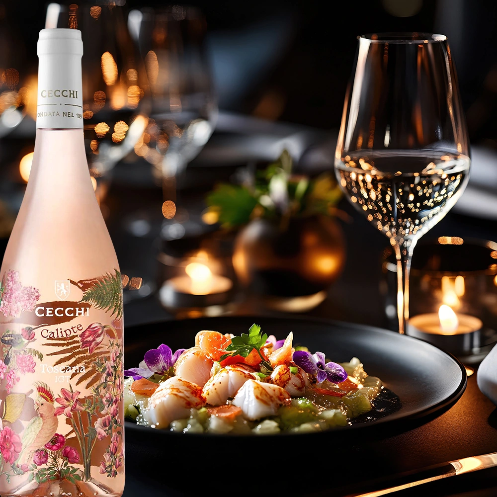 Cecchi Calipte Toscana Rosato Weinflasche auf einem festlich gedeckten Tisch mit Jakobsmuscheln, elegantes Food-Pairing in gehobener mediterraner Atmosphäre