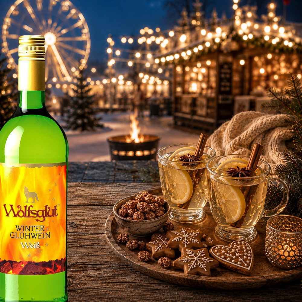 Wolfsglut Glühwein Weiß auf einem Tisch auf dem Weihnachtsmarkt mit Nüssen, Glühwein und einer Feuerschale