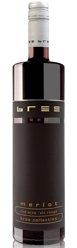 Bree Merlot Weinflasche als hochwertige Produktaufnahme vor weißem Hintergrund mit klar sichtbarem Etikett und eleganter Darstellung der Flaschenform