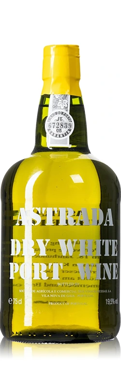 Einzelflasche Astrada Dry White Port freigestellt vor weißem Hintergrund