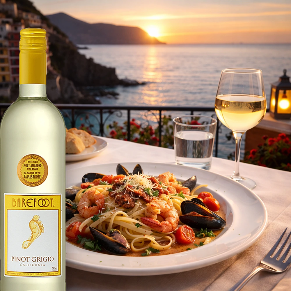 Barefoot Pinot Grigio Weißwein mit Pasta und Meeresfrüchten auf gedecktem Tisch in einer Meeresbucht bei Sonnenuntergang