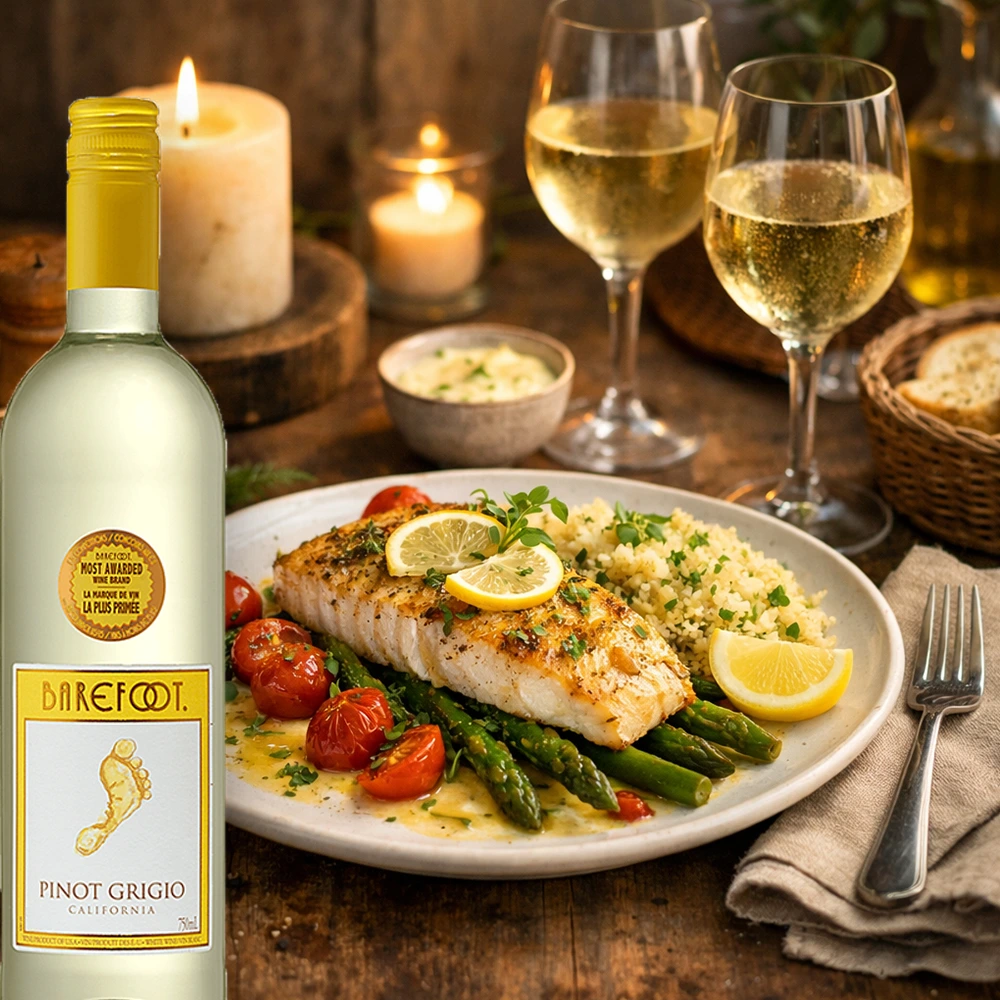 Barefoot Pinot Grigio Weißwein mit Fischgericht und Kerzen auf einem gedeckten Tisch angerichtet