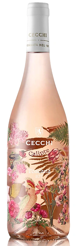 Cecchi Calipte Toscana Rosato Weinflasche freigestellt vor weißem Hintergrund, eleganter italienischer Roséwein aus der Toskana mit frischer und fruchtiger Stilistik