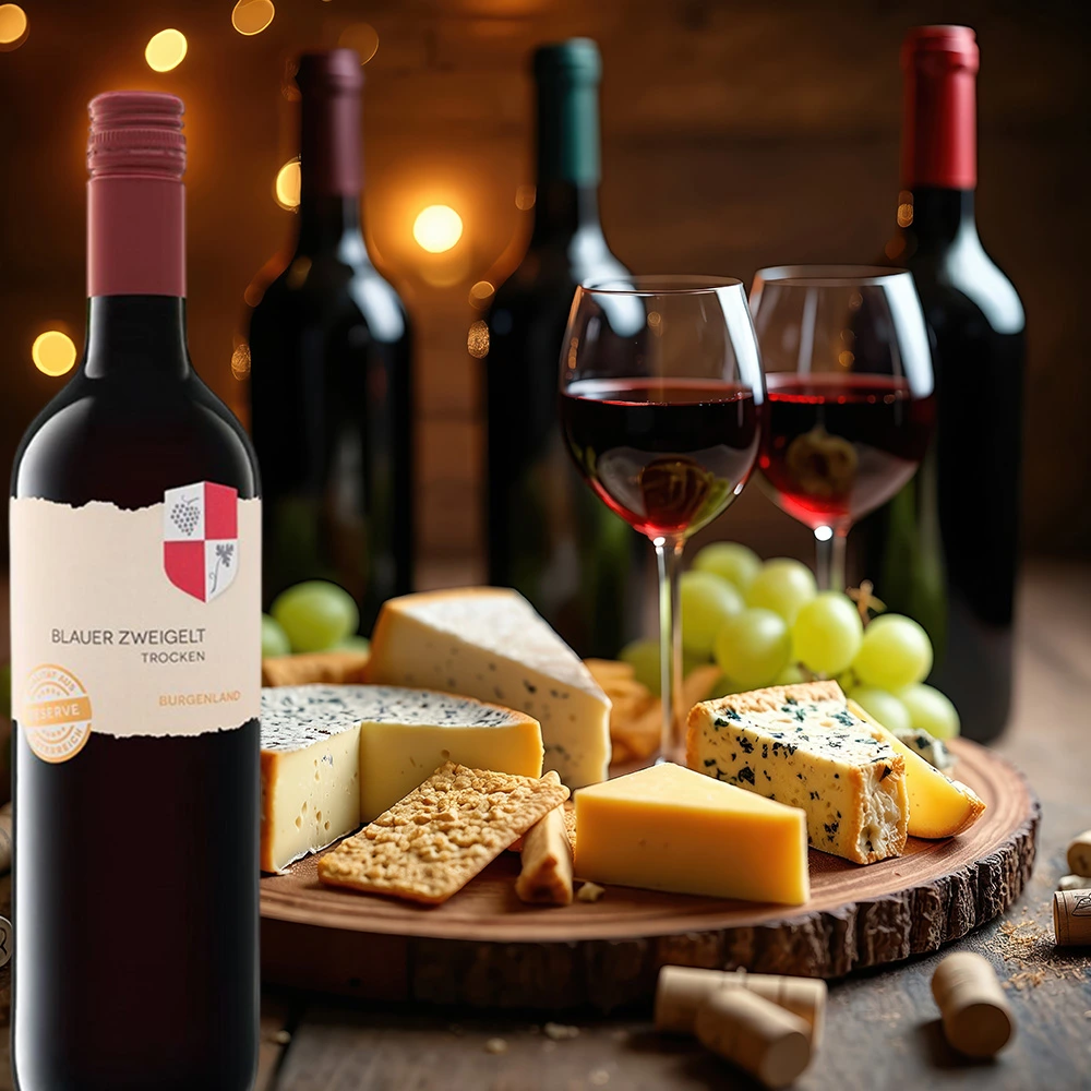 Aichenberg Blauer Zweigelt aus der Wappenserie, serviert mit Käseplatte und Rotweingläsern auf rustikalem Holztisch