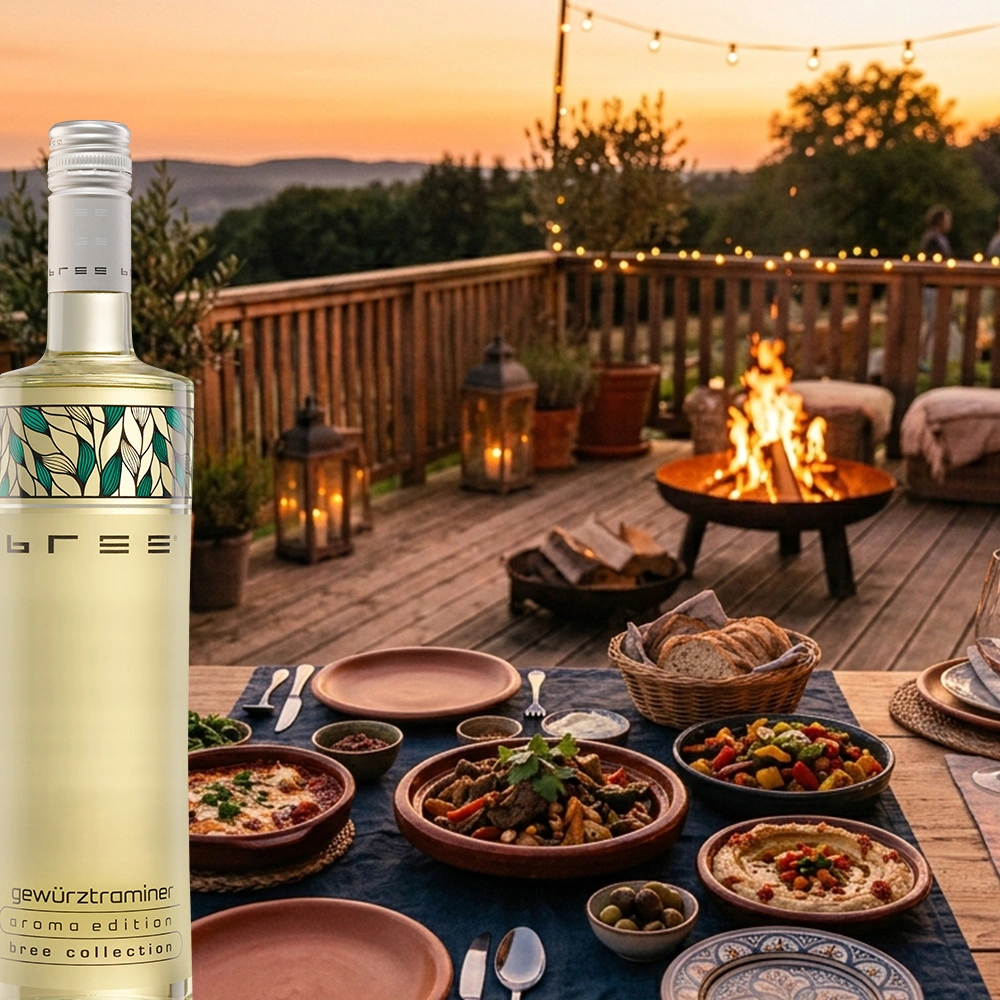 Bree Gewürztraminer mit würzigen Speisen auf einem Holztisch auf der Terrasse mit Feuerschale