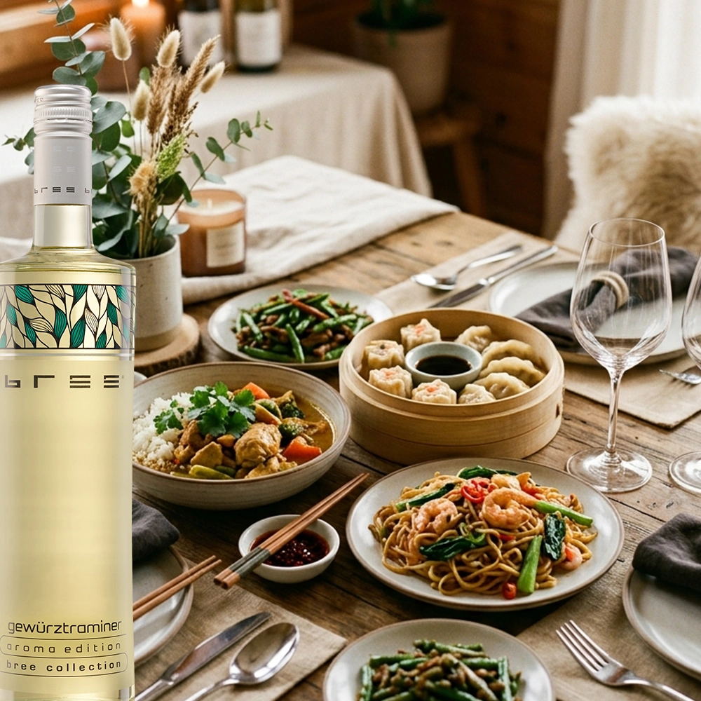 Bree Gewürztraminer auf einem gedeckten Tisch mit asiatischen Gerichten