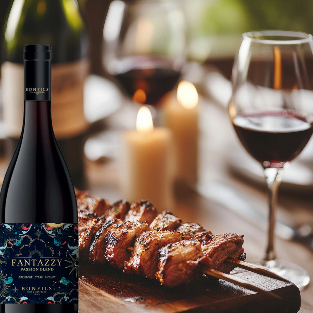 Bonfils Fantazzy Passion Rotwein auf einem stilvoll gedeckten Tisch mit Kerzenlicht und gegrilltem Fleisch in edler Atmosphäre