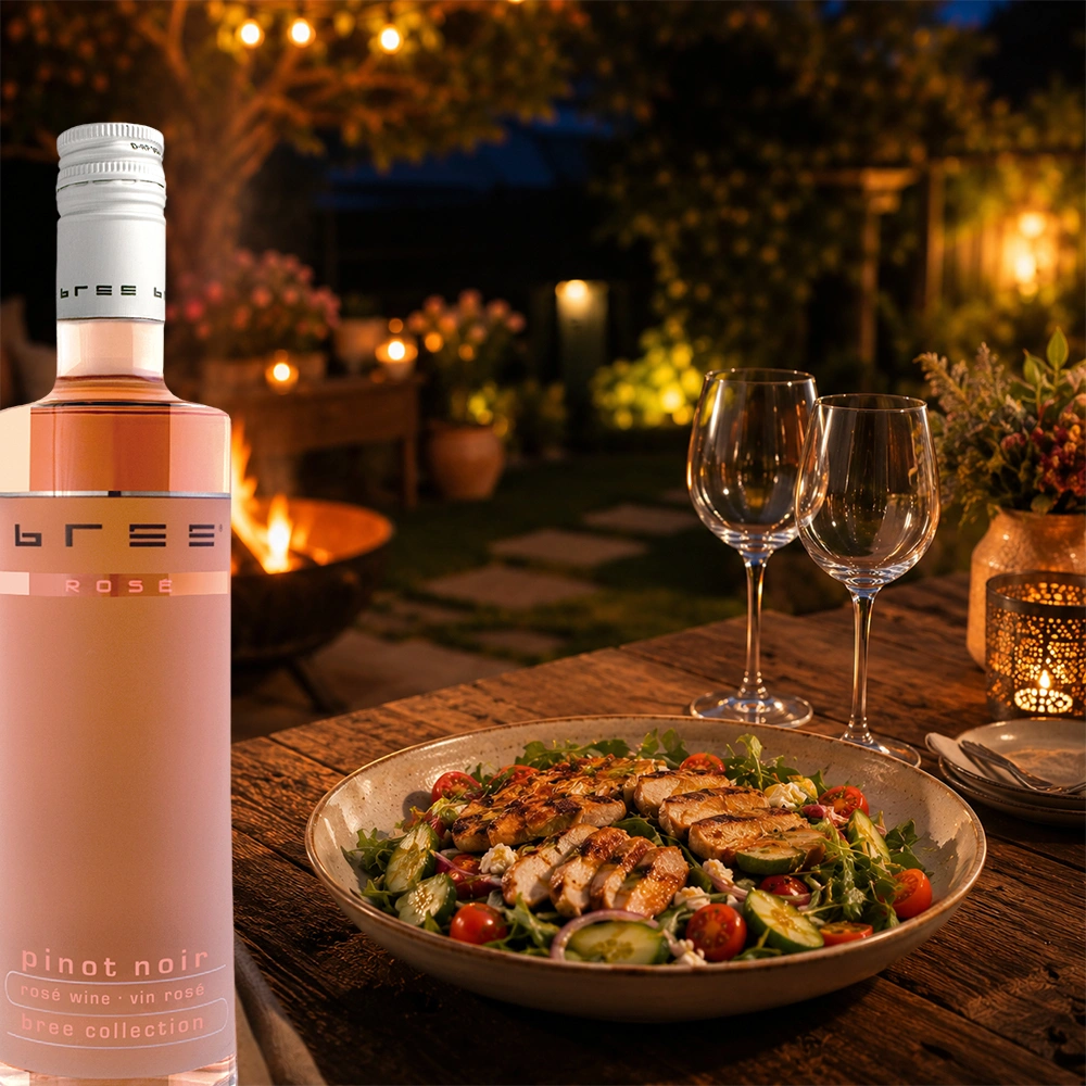 Kleine 0,25-Liter-Flasche Bree Pinot Noir Rosé mit einem frischen Hähnchensalat in einem stimmungsvollen sommerlichen Garten am Abend als leichte und elegante Weinbegleitung