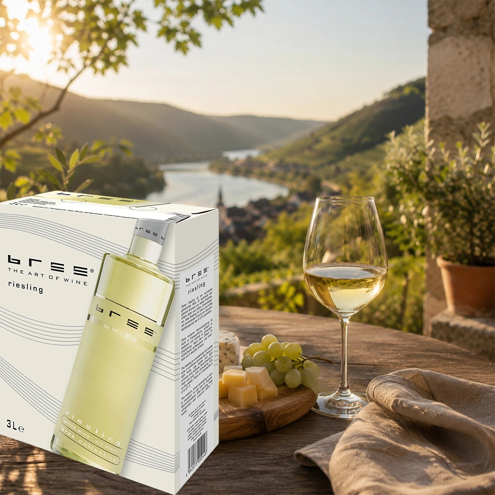 Bree Riesling 3,0 Liter Bag-in-Box mit einer abwechslungsreichen Käseplatte auf einer sommerlich gedeckten Terrasse mit malerischem Blick auf eine idyllische Meeresbucht als gesellige Weinbegleitung
