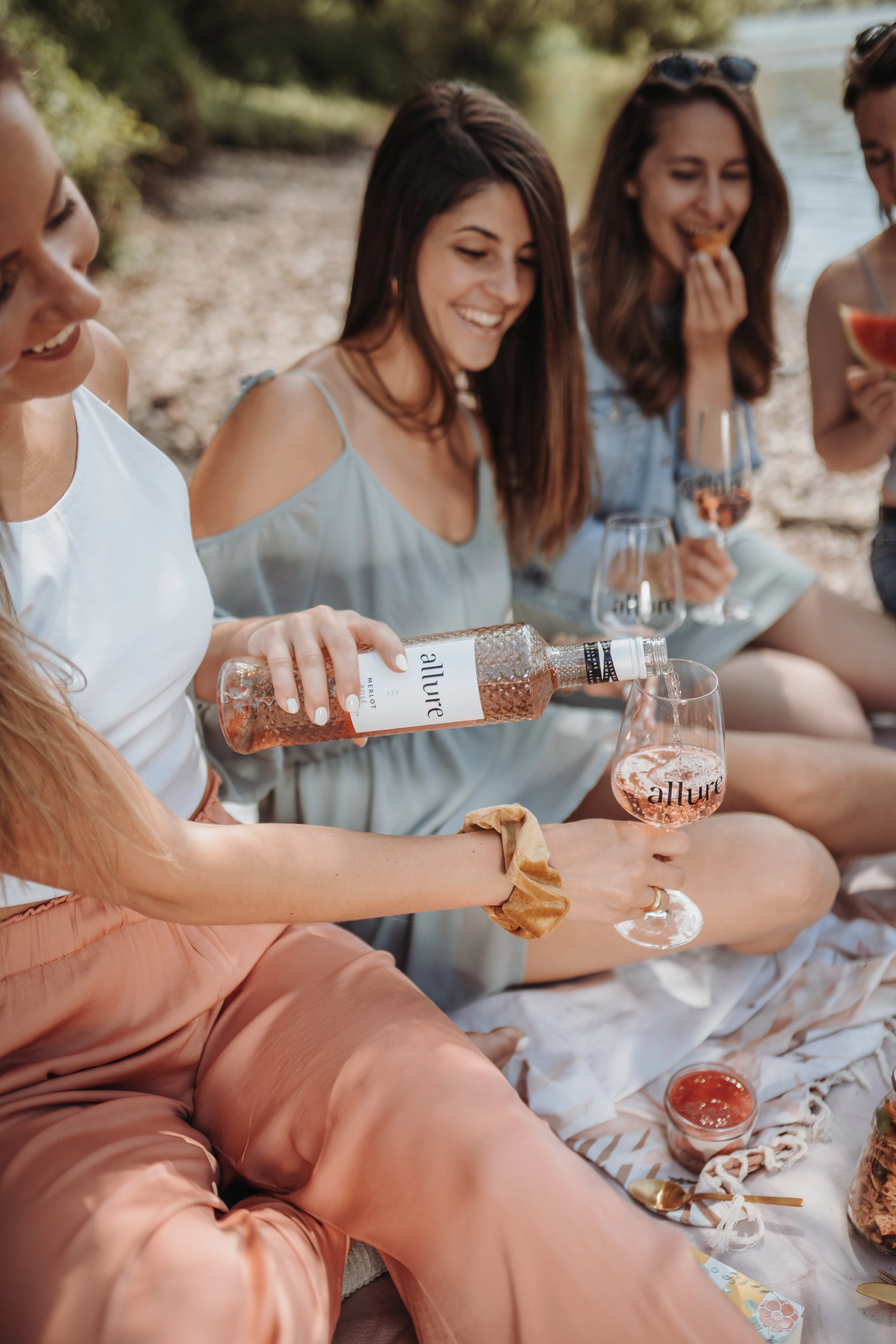 Mehrere Personen sitzen auf einer Picknickdecke, stoßen mit Allure-Weingläsern an und lachen gemeinsam